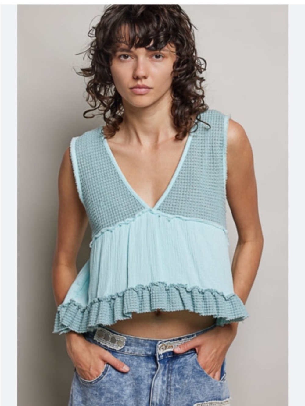 POL Mixed Media Waffle Knit Babydoll Crop Tank Top - Small Women’s